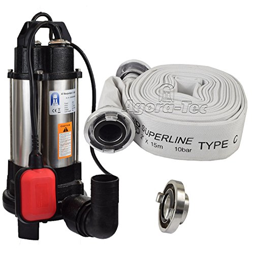 Agora-Tec® AT- Baupumpe-C-750W (mit Schneidwerk) Tauchpumpe für Schmutzwasser, Abwasser, für Fäkalien und organische Feststoffe mit Schwimmerschalter und max: 0,75 bar und max: 14000l/h inklusive C - STORZ Kupplung und (C-Schlauch: 15 Meter)