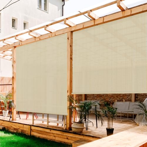 FLORALEAF Outdoor Roller Shades Beige Window Blinds for Porch Screen Deck Pergola Patio Balcony Gazebo Privacy Sunshade Roll Up Outdoor 6'W x 6'H Standard Size
