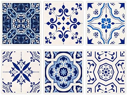 Morigins Swedish Dish Clothes Pack of 6, Reusable, Absorbent Hand Towels for Kitchen, Bathroom and Cleaning Counters - Blue Cellulose Sponge Cloth