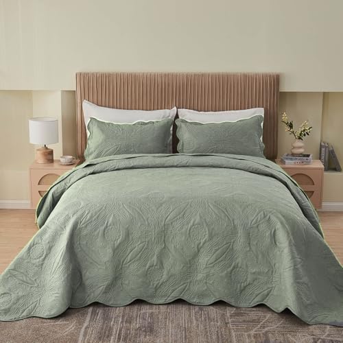 Image of Kingnex Oversized King Bedspreads 128x120 for Extra Wide Tall King or Cal King Bed Ultrasonic Quilted Coverlet Set 3 Piece Include 1 Quilt 2 Pillowcases Sage