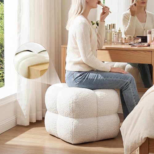 Image of Zesthouse Square Pouf Ottoman Footstool, Modern Backless Vanity Chair for Bedroom, White Fuzzy Foot Rest for Couch, Upholstered Tufted Footstool, Sherpa Fabric Ottoman Coffee Table for Living Room