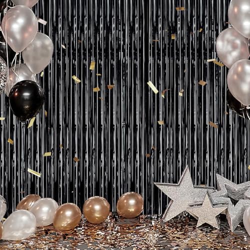 Image of DECOCKRAT 3 Pack Foil Fringe Backdrop - Laser Black Shiny Tinsel Curtains for Party Decoration /Photo Booth Props - 3.3x8.2 FT Metallic Foil Backdrop for Birthday, Wedding, Graduation, Christmas.
