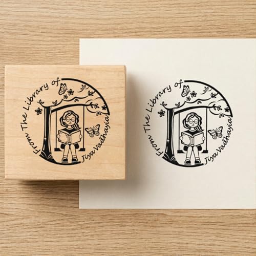 Image of Kunya Personalised Book Stamp with Your Name(3.5 cm Dia), customised for Stamping Books for Readers, Great Gift for booklovers, Kids, Teachers (Swinging Girl)