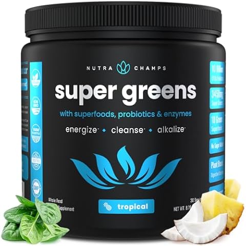 NutraChamps Super Greens Powder Premium Superfood | 20+ Organic Green Veggie Whole Foods | Alfalfa, Spirulina, Chlorella & More | Antioxidant, Digestive Enzyme & Probiotic Blends | Tropical Cover