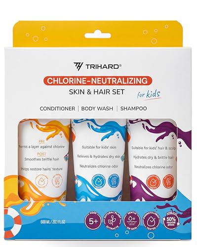 TRIHARD Kids Chlorine Hair and Body Protection Essentials for Swimmers | 3-in-1 Shampoo, Conditioner, & Body Wash for Children’s Sensitive Skin & Hair Pre and Post Pool or Ocean