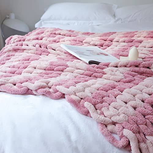 Maetoow Chenille Chunky Knit Blanket Throw 50×60 Inch, Handmade Warm & Cozy Blanket Couch, Bed, Home Decor, Soft Breathable Fleece Banket, Christmas Thick And Giant Yarn Throws, Dark Pink & Light Pink #TOP1