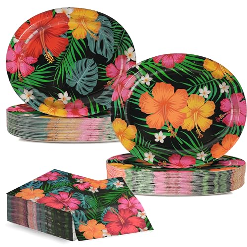 OuMuaMua 100 Pcs Heavy Duty Hawaiian Luau Party Supplies 12 Large Oval Tropical Nights Disposable Plates & Napkins Heavy Duty Aloha Tableware Set for Summer Beach Pool BBQ & Birthday Parties