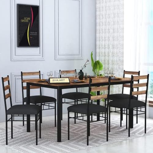 Image of Wooden Top Iron Frame 6 Seater Dining Table with Cushioned Chair for Living Room Home Dining Room Furniture Set (Honey-Black)