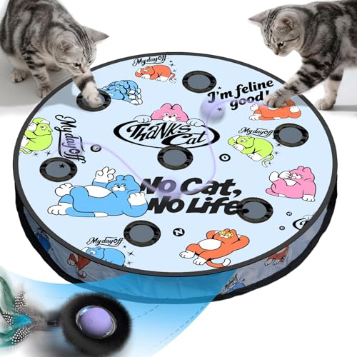 Zeepet Katzenspielzeug für drinnen interaktives Ballspielzeug mit 7 Löchern Labyrinthmattenbeutel automatisches bewegliches Versteckspiel mit Federschwanz Mäusefangspiel Geschenke für Katzen
