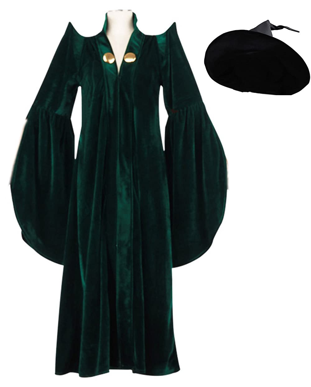 Women Professor McGonagall Costume Hat Green Witch Cosplay Robe Jumpsuits Girls Velvet Cloak Sorceress Halloween (Large, Women)