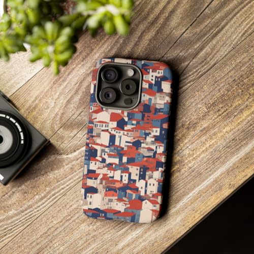Coque iPhone 15 Pro rigide mate motif graphique maisons toits rouges - 3