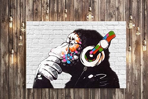 CanvasArtShop MONKEY DJ BANKSY WHITE BRICK CANVAS STREET WALL ART PRINT ARTWORK - GORILLA (8in x 12in / 20cm x 30cm)