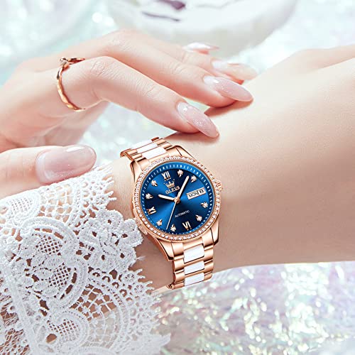 OLEVS Blue Self Winding Womens Watches Waterproof Rose Gold Stainless Steel Watches for Womens Ceramics Mechanical Wrist Watch Luxury Diamonds Automatic Watch Dress Women — view 4
