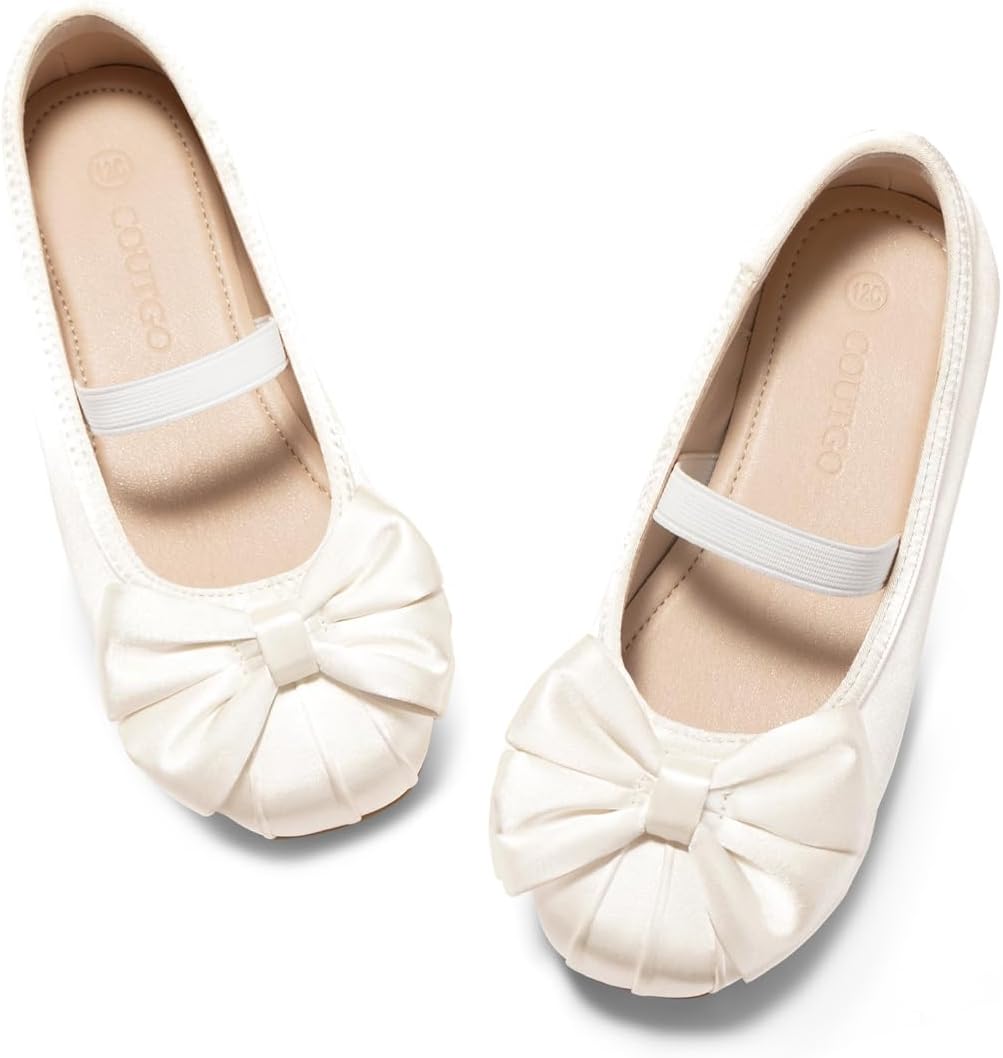 Coutgo Girls Dress Shoes Bow Ballet Flats Satin Square Toe Mary Jane Shoes