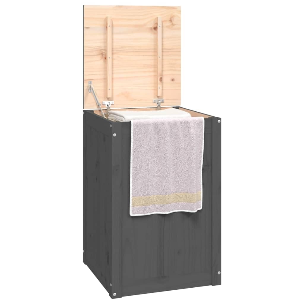 Wäschetruhe aus massivem Kiefernholz, Wäschebox mit Deckel und Gasdruckfeder, Wäschekorb für Badezimmer, Aufbewahrungsbox 44x44x66 cm Grau