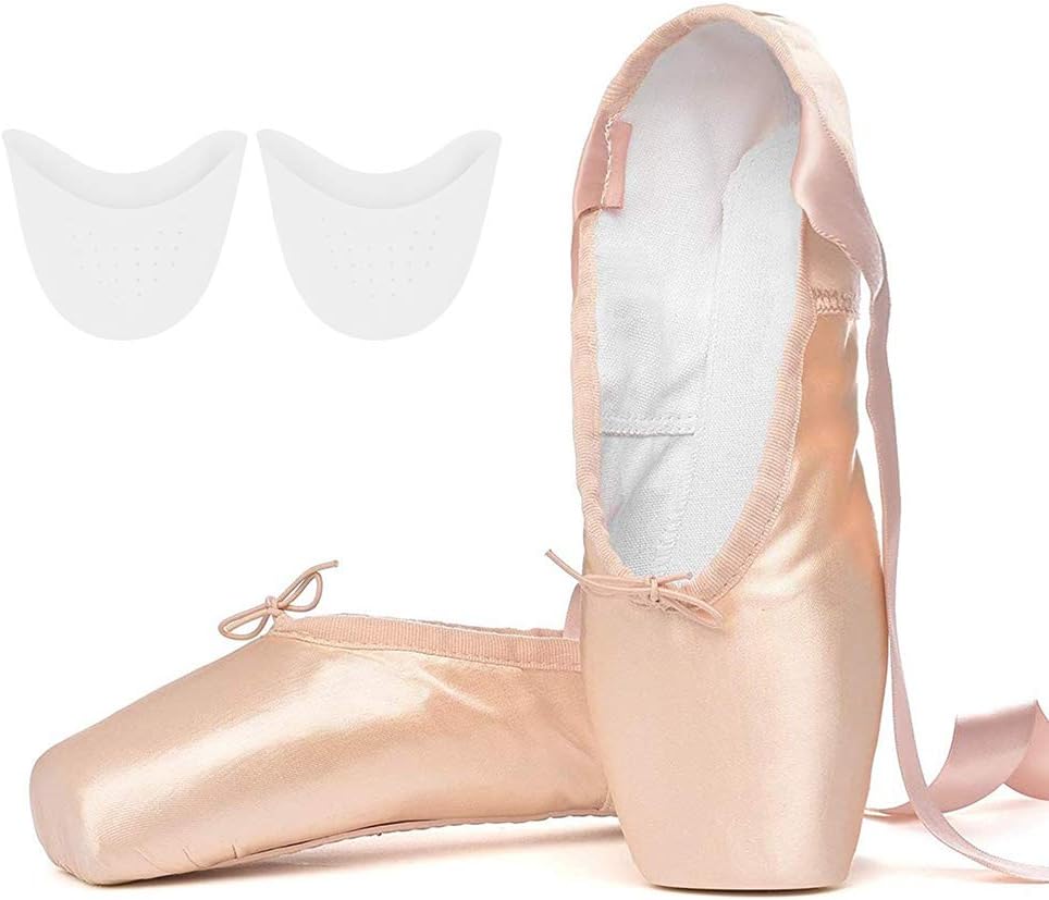 Professional Ballet Pointe Shoes Dance Shoes with Sewed Ribbon and Silicone Toe Pads for Girls Womens，13.5 UK, Pink