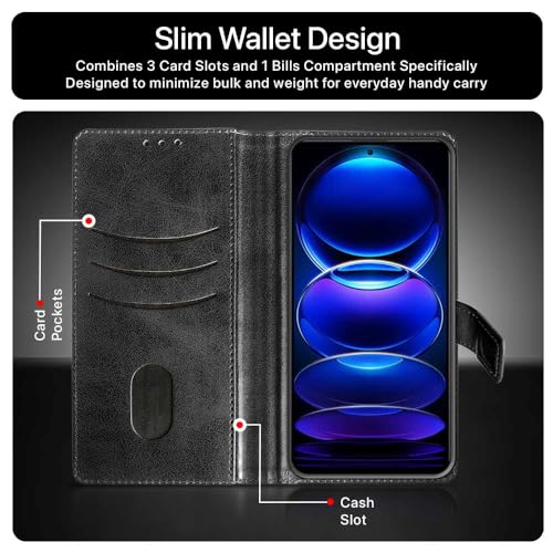 Image of WOW IMAGINE Shock Proof Hand Stitched Royal Flip Cover Case for Xiaomi Redmi Note 12 Pro 5G (Flexible | Leather Finish | Wallet Case Card Holders & Stand | Tanned Black)