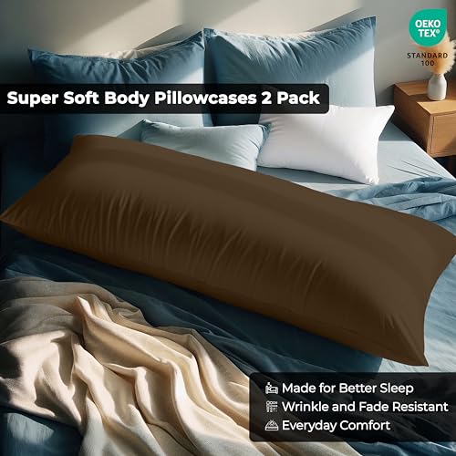 Image of ROYALE LINENS Body Pillow Cover - Double Brushed 1800 Microfiber - 20 inchx54 inch with Hidden Zipper Closure - Wrinkle & Fade Resistant - Super Soft Body Pillowcase 2 Pack (Chocolate, Pack of 2)