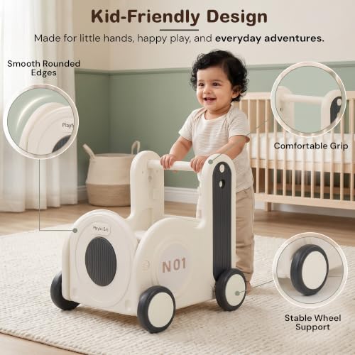 Image of Baybee 4 in 1 Baby Push Walker & Shopping Cart for Kids, Convertible Ride-On Toy, Pull Cart & Toy Organizer, Storage Compartments, Secure Rope Grip, Smooth Wheels & Rounded Edges | Walking Support for 0-3 Years (Black & White)