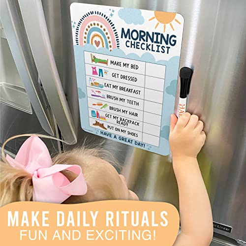 Image of Magnetic Morning & Bedtime Routine Chart for Kids - Customizable Toddler Daily Schedule Board with Dry Erase Surface, Stickers & Marker, Build Habits with Visual Checklists, Boho Theme