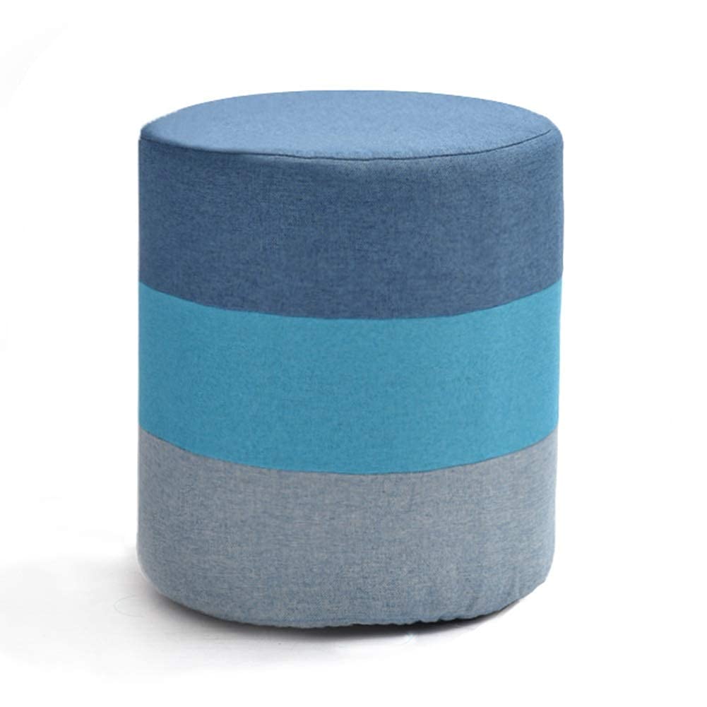 Pouf et repose-pieds rond bleu en bois massif avec assise éponge de salon lavable