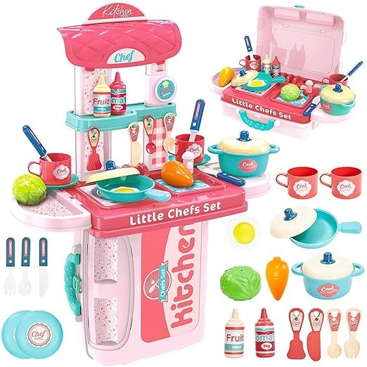 TOYSHOYE Plastic 3 in 1 Portable Pretend Food Party Role Cooking Kitchen Play Set Toy for Boys and Girls - Pink (B0DGTFSD1Q) Amazon Price History, Amazon Price Tracker