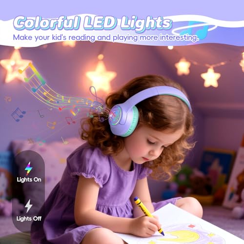 Image of Kids Bluetooth Headphones, 85H Playtime Wireless Headphones for Kids, Colorful LED Lights, 85 /94dB Safe Volume Limit, Bluetooth 5.4 Built-in Mic Toddler Headset for Tablet /Airplane (Purple)