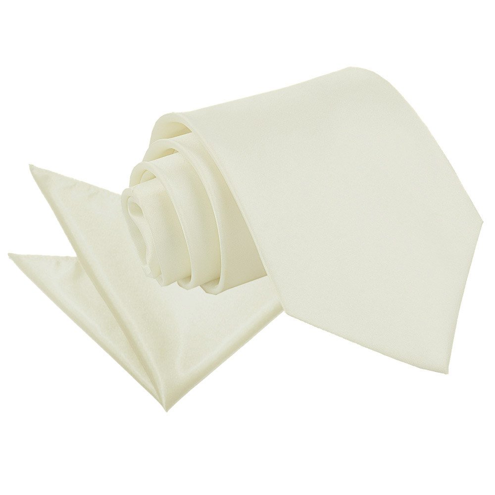 DQT Mens Plain Satin Tie & Pocket Square Set (2pc) - 9cm Classic Wedding, Business & Formal Necktie - Ivory