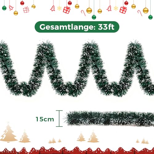 ZZOWDIW 10m Künstliche Weihnachtsgirlande 1 Stück, Extra Lange Flauschige Tannengirlande für Treppe, Haustür & Kamin Indoor Outdoor Weihnachtsdeko in Grün Weiß