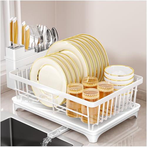 SavvyStor Dish Drainer Rack - Space Saving Dish Rack for Kitchen Counter Kitchen Dish Drainer with Utensil Holder Drain Board White