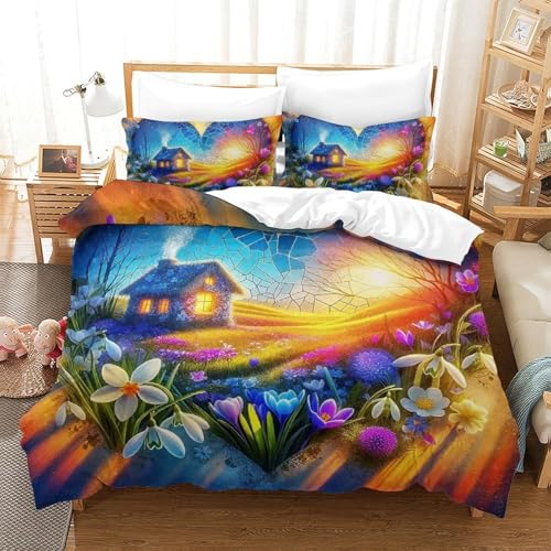 KQZJXNRPHG House Heart Flower 3D Housse De Couette Love Enfant Microfibre Parure De Lit Ultra Doux Linge De Lit Et Oreillers Single(140x200cm)