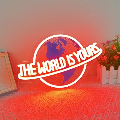 Image of The World Is Yours Neon Sign, Dimmable Planet LED Neon Light Lamp for Wall Decor, USB Power for Man Cave Home Bar Bistro Club Cafe Wedding Game Room Bedroom Birthday Gift Graduation Party (Red)