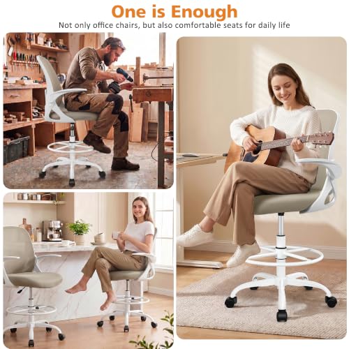 Image of Drafting Chair Tall Office Chair with Flip-up Armrests, Adjustable Height, and Enhanced Lumbar Support - Ergonomic Rolling Stool, Back Support, and Adjustable Foot Rest Ring for Standing Desk Khaki