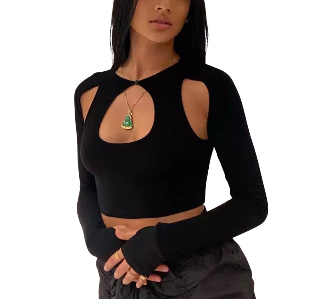 PersepolisWomen's Cut Out Top with Long Sleeves Hollow Out Crop Top y2k Summer Fashion
