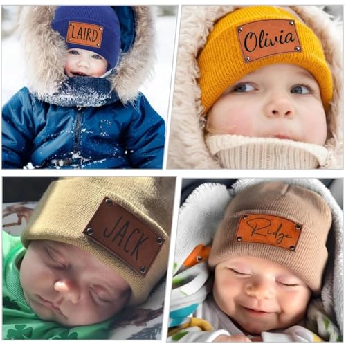 Personalized Baby Beanie with Name, Custom Leather Patch Toddler Winter Hat Baby Boys Girls Knit Warm Beanies Kids4