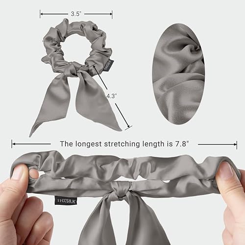 Miniatura 6 de THXSILK Coleteros de seda con lazo para mujer, de seda de morera pura, ligas para niñas y mujeres, cabello grueso, gris, 3.5 pulgadas