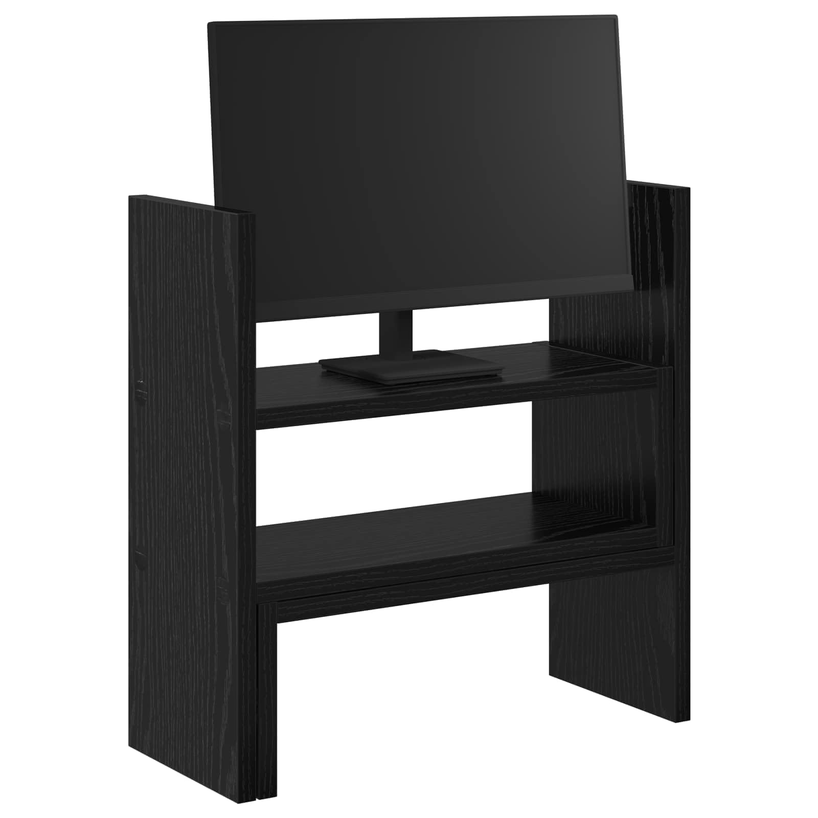 Soporte de escritorio para monitor de madera, aspecto de roble negro, 40 x 17 x 41 cm, con estante y soporte para PC y portátil, ergonómico, ahorra espacio, para oficina en casa, juegos