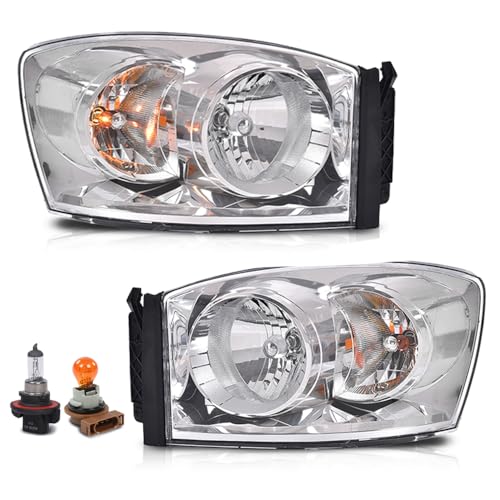 PIT66 Headlights Assembly w/Bulbs Compatible with Dodge Ram 1500 2006 2007 2008/Fit Dodge Ram 2500 3500 Truck 2006-2009 Headlamp Replacement Clear Lens Chrome Housing Clear Reflector 68003125AD