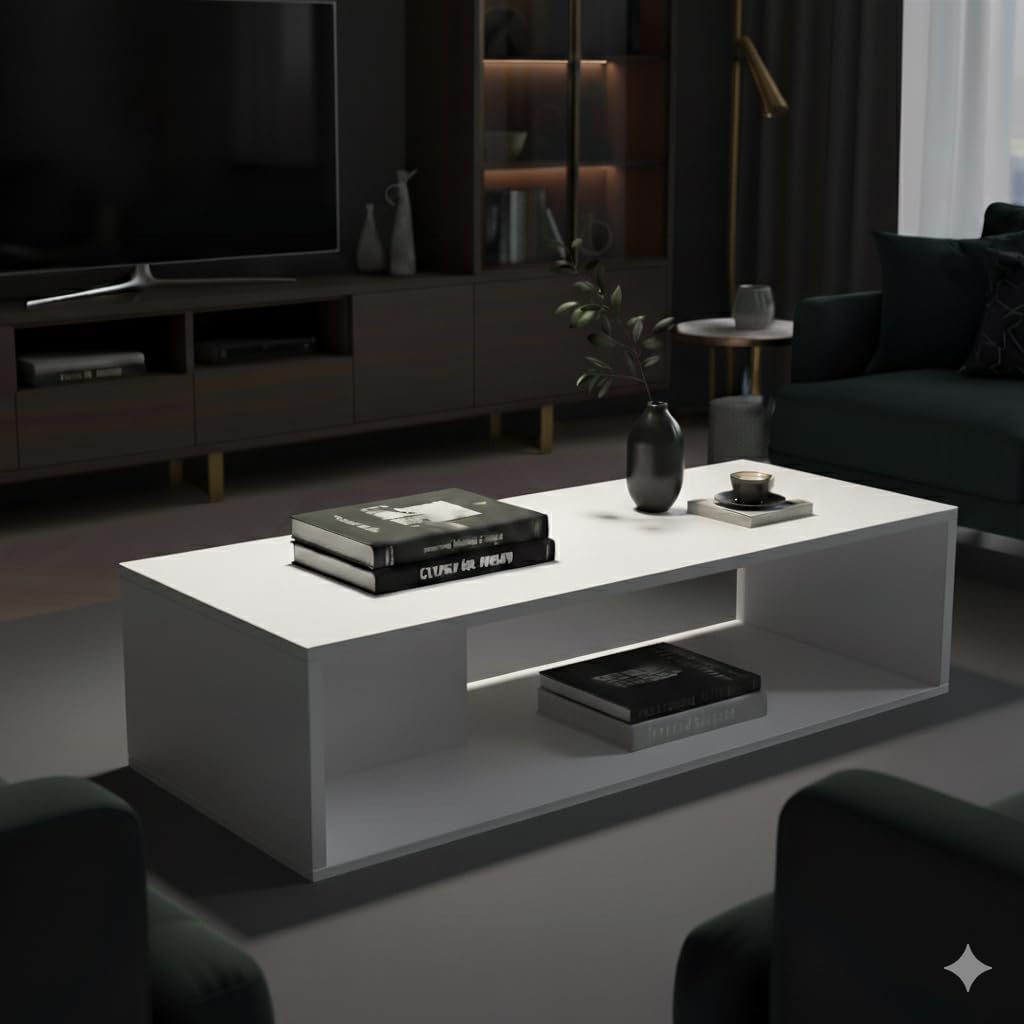 FURLAY Aura Engineered Wood Coffee Table, Minimalist Matte White Coffee Table – 80cm Center Table with Asymmetrical Open Storage & Sleek Geometric Design for Living Room or Office (FWTC5-White)
