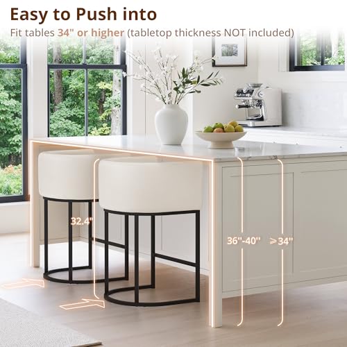 Image of LUE BONA Counter Height Bar Stools Set of 6, Modern Barrel Counter Stools with Backrest and Arms, Black Metal Frames, Linen Fabric Upholstered Accent Barstools for Kitchen Island, Beige