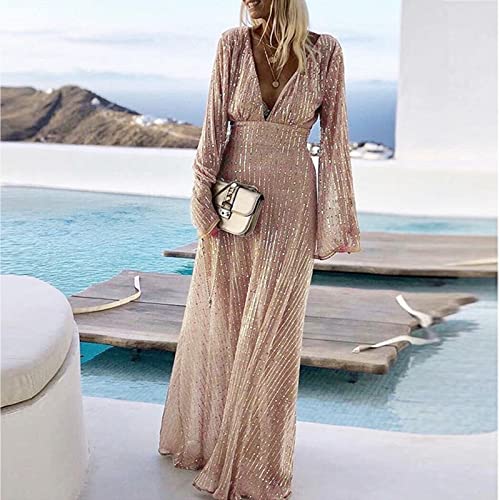 Women Maxi Sequins Evening Party Dress Sexy Deep V Neck High Waist Shining Cocktail Dress Mesh Long Sleeve Glitter Floor Length Formal Dress Rose Gold #TOP1