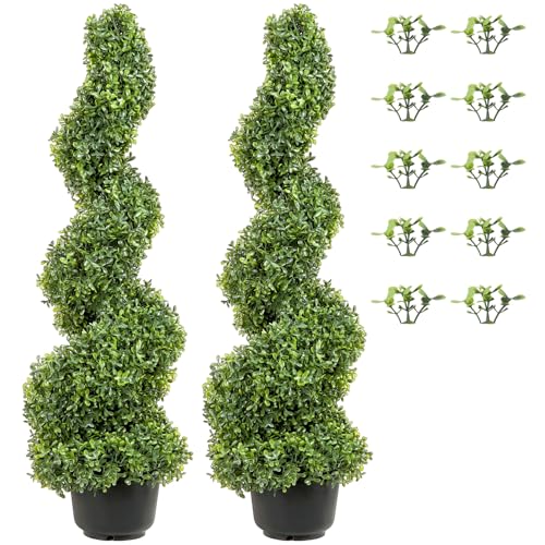 VEVOR Artificial Boxwood Spiral Topiary Trees, 4ft Tall (2 Pieces) Faux Plant Outdoor, All-Year Green Fake Plant with Replaceable Leaves for Decorative/Indoor/Porch/Garden
