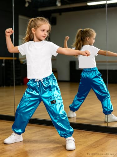 Image of SANGTREE Girls Shiny Hip Hop Outfits,Crop Top Cargo Joggers,13-14Y