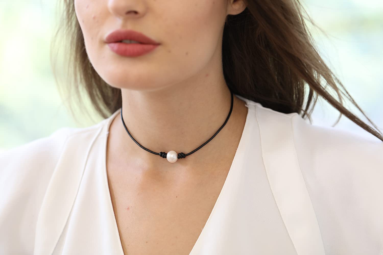 Leather Pearl Necklace Rope Jewelry - Elegant Delicate Black One