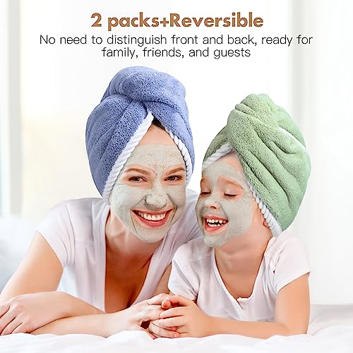 Microfiber Hair Towel Wrap For Women 2 Pack Reversible Hair Turbans For Wet Hair Wrap Towels Quick Dry Hair Drying Towel Wrap For Curly Long Thick Hair Anti Frizz Double Layer (Blue Grey) #TOP4