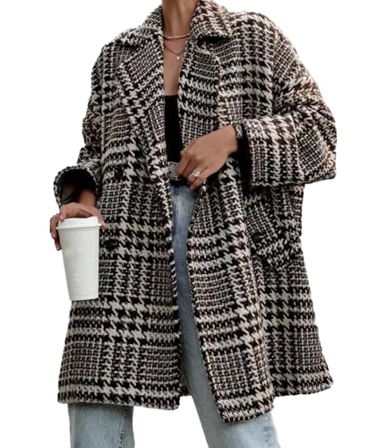SOMTHRON Women's Houndstooth Trench Coat Double Breasted Notched Lapel Loose Mid Long Winter Pea Coat Overcoat