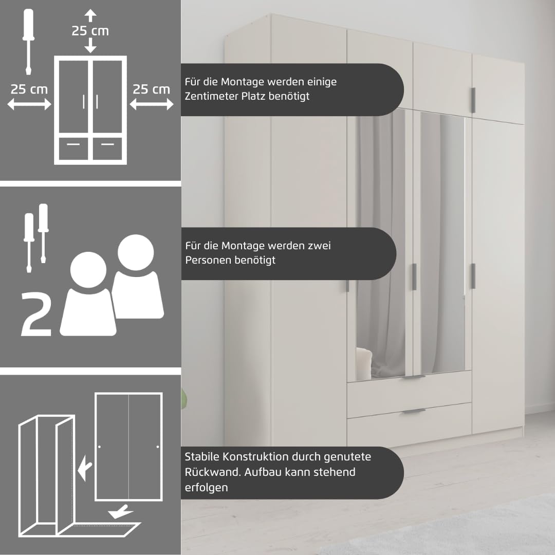 Rauch Möbel LAGOA, Kleiderschrank, Farbe Weiß, Breite 181 cm | Schrank, 4-türig, Spiegel, 4 Schubladen, Zubehör Basic, für Schlafzimmer, Kinderzimmer, Babyzimmer, Garderobe