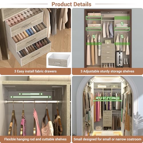 Besiost 4FT Small Closet System with 3 Fabric Drawers, 48'' Closet Organizer System With 3 Adjustable Shelves, Flexible Built-In Clothes Garment Rack for Small Space, 48"L x 13"W x 71"H, White Oak - Image 4
