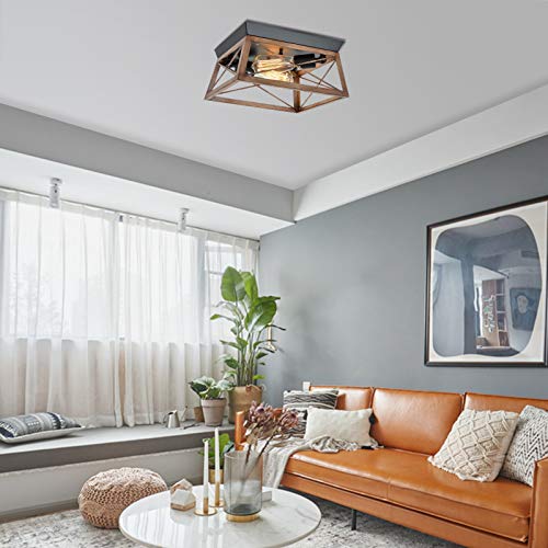 HMVPL Farmhouse Flush Mount Ceiling Light Fixture, Rustic Metal Square Close to Ceiling Light, 2-Light Industrial Ceiling Lamp for Hallway Dining Room Bedroom Kitchen Foyer - Thumbnail 7