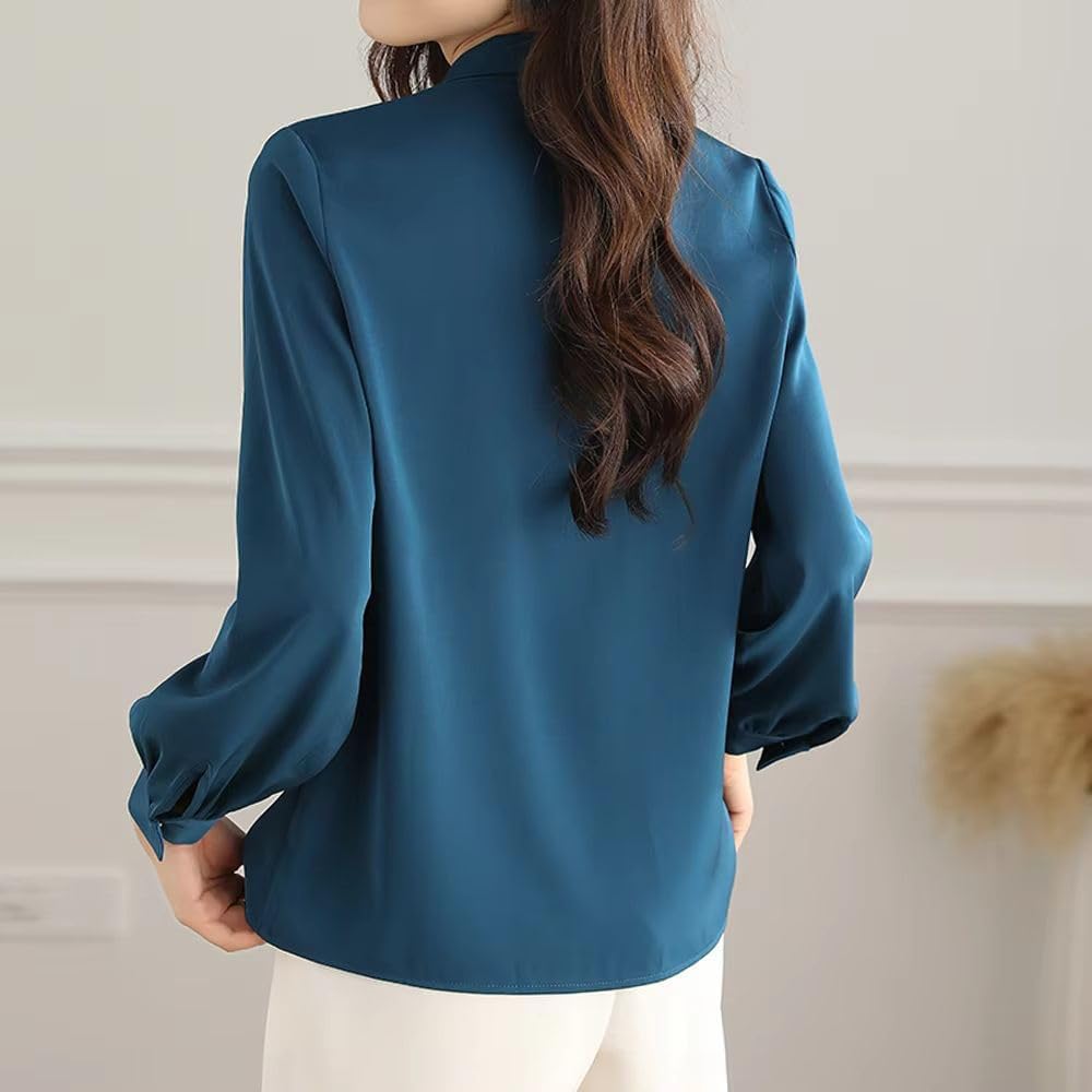 Women's Elegant Solid Chiffon Bow Shirt Long Sleeve All-Match White Blouse Vintage Top